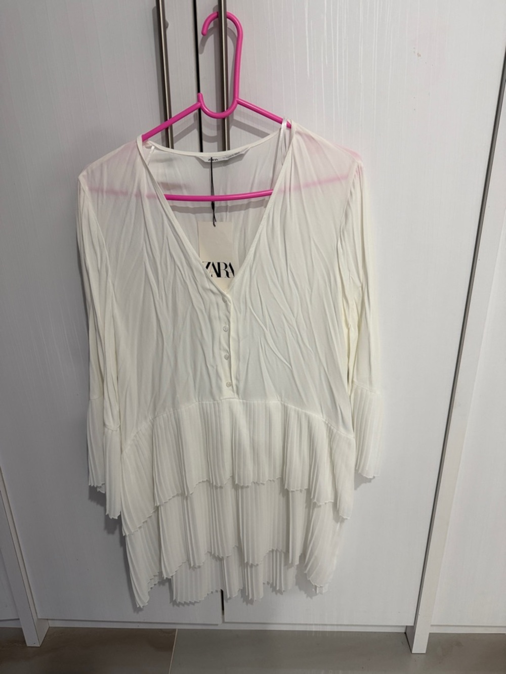 Zara Cream Tiered Pleated V-Neck Tunic Top